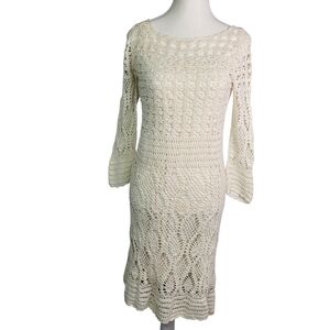 Maggy London Crochet Midi Dress Large Cream Wht 3/4 Sleeve Boho Coastal Cowgirl